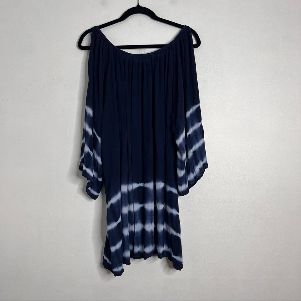 Soft Surroundings Blue Crinkle Tie Dye Cold Shoulder Tunic Length Top Size 3x - Picture 2 of 7